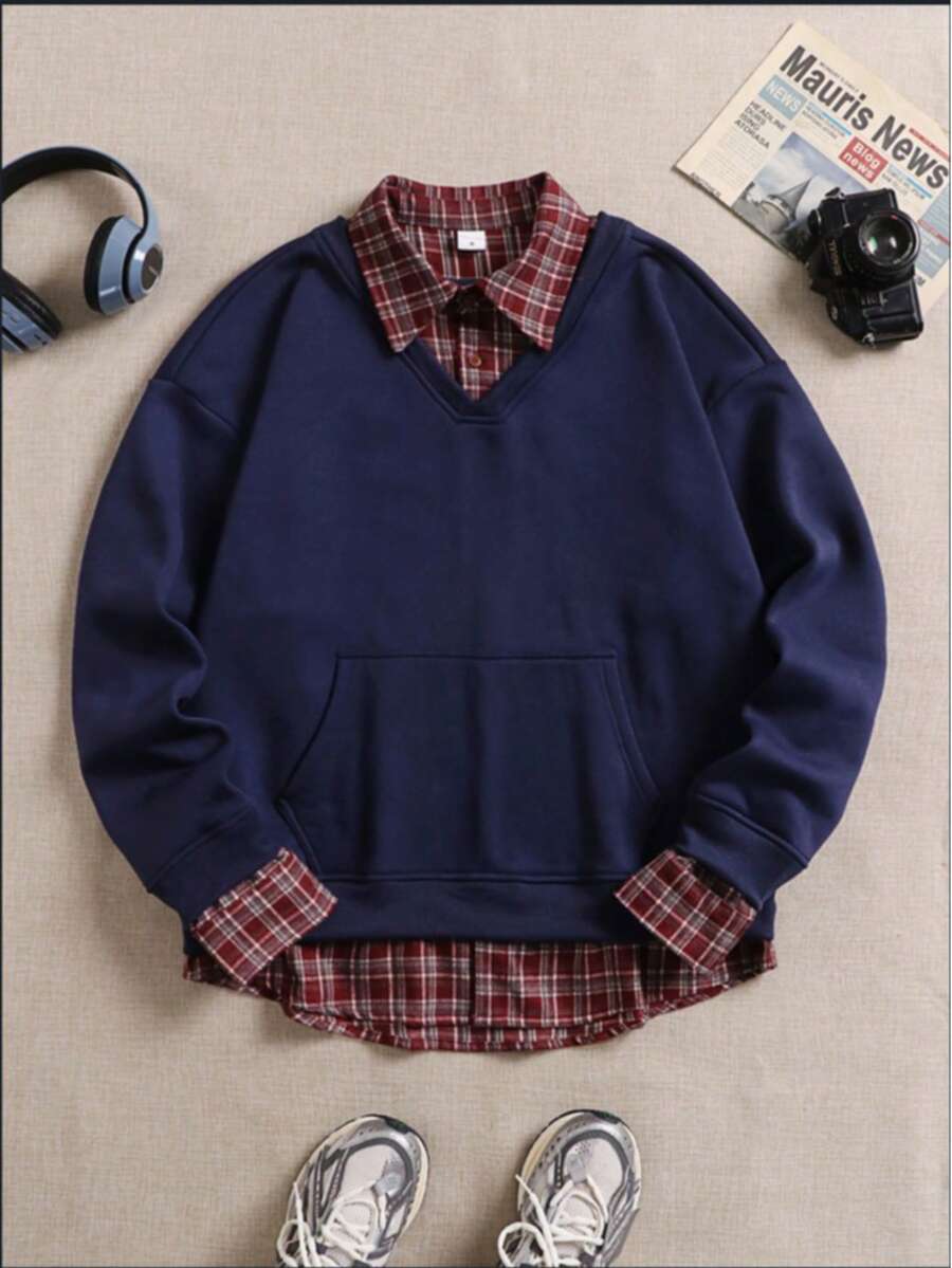 男士长袖撞色格纹Polo衫，宽松休闲运动学院风，适合春秋季穿着