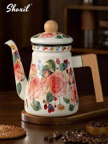 shoxil 1pc玫瑰珐琅茶壶水壶大容量茶壶燃气电磁炉通用桌面摆件搪瓷茶壶 - 玫瑰搪瓷壺 - 查看 1
