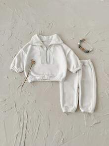 2pcs/Set Toddler Baby Girls' White Long Sleeve Sweatshirt And Pants Warm Thickened Winter Outfit - Beige - View 10