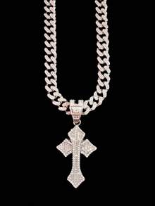 1pc Fashion Creative Cross Shaped Pendant With 13mm Miami Cuban Chain, Men's Hip Hop Rock Street Style Cross Pendant Necklace, Punk Necklace Suitable For Daily Wear Or Party, Valentine's Day Gift, 2 Chain Options - Silver - View 5