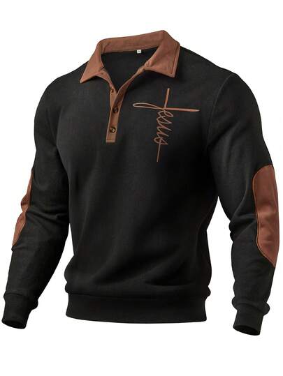 Men's Casual Button Pullover Sweatshirt - Long Sleeve Stand Collar With Personalized Brown Printed Contrast Design, Slightly Stretchy, Suitable For Hiking And Outdoor Activities, Comfortable And Versatile