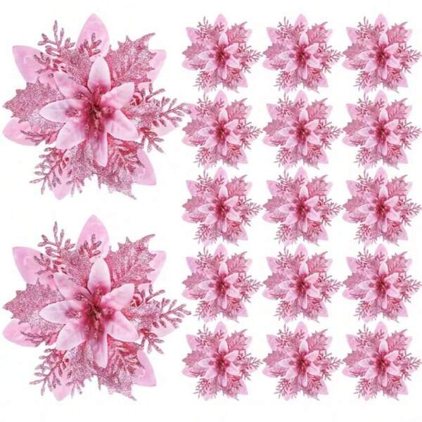 1/10/20/30pcs Shiny Poinsettia Christmas Tree Ornaments - Artificial Poinsettia Flowers With Clips, Suitable For Holiday Wreath Decor, Christmas And New Year Decoration Home Decor Christmas Decorations Room Decor