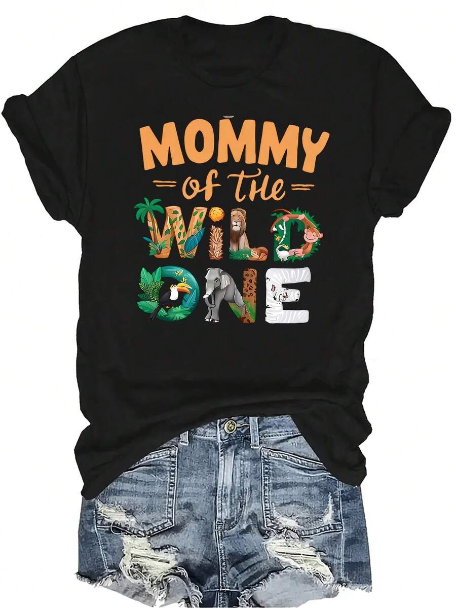 [Camiseta de moda casual] Camiseta suave y cómoda para mujer - Mamá de los animales salvajes Casual de manga corta y cuello redondo, regalo perfecto para la abuela y la mamá, uso casual de primavera y verano - Negro - Ver 1