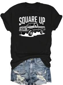 [Camiseta de Moda Casual] Camiseta de mujer suave y cómoda - Gráfico de camión Square Up Casual de manga corta y cuello redondo, regalo perfecto para la abuela y la mamá, uso casual de primavera y verano - Negro - Ver 1