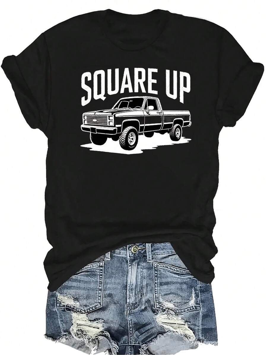 [Camiseta de Moda Casual] Camiseta de mujer suave y cómoda - Gráfico de camión Square Up Casual de manga corta y cuello redondo, regalo perfecto para la abuela y la mamá, uso casual de primavera y verano - Negro - Ver 1
