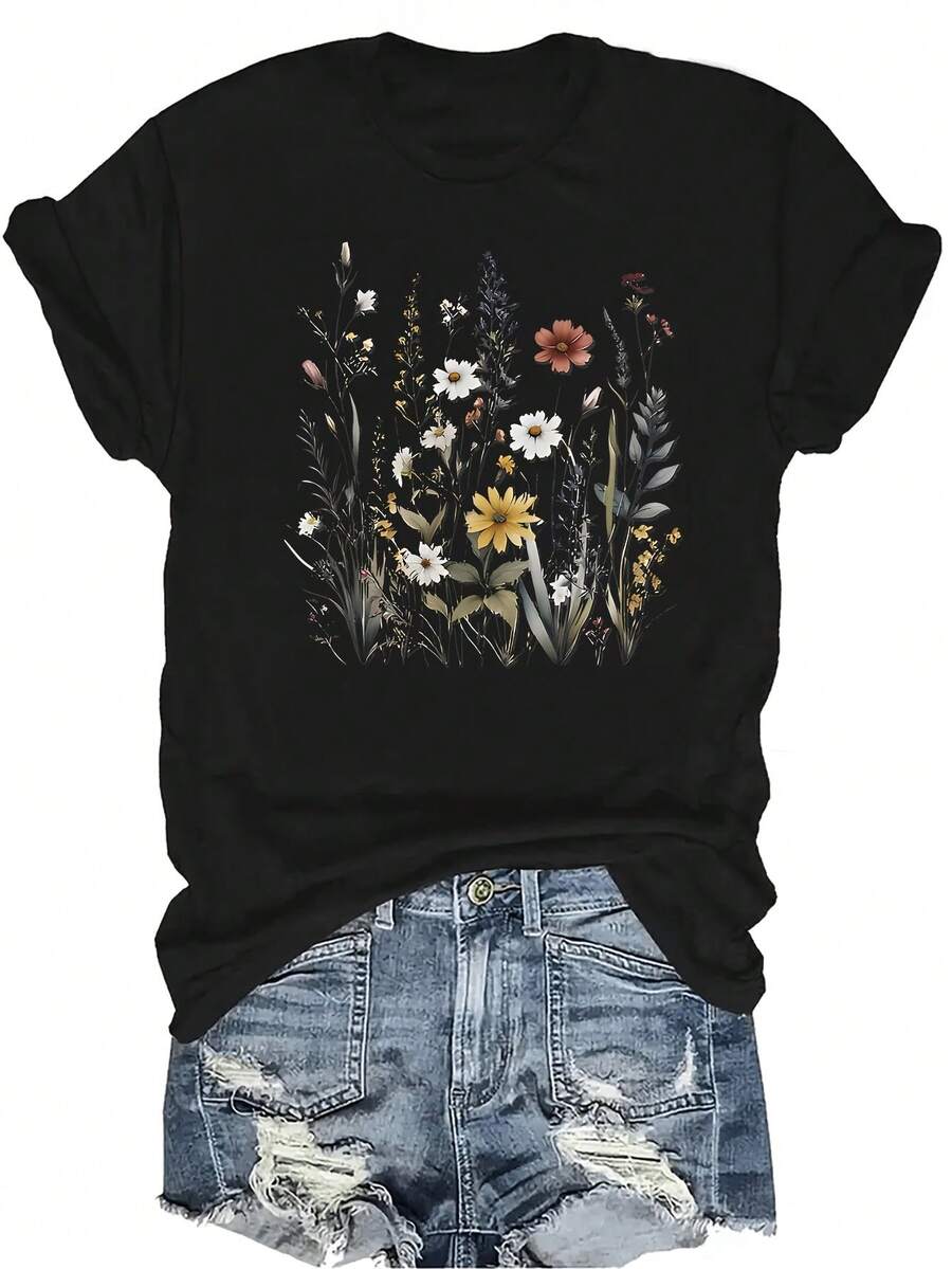 [Camiseta de Moda Casual] Camiseta de mujer suave y cómoda - Parte superior de manga corta de cuello redondo con estampado de jardín de flores silvestres, regalo perfecto para la abuela y la mamá, uso casual de primavera y verano - Negro - Ver 1