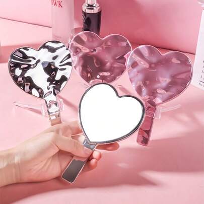 1pc Heart-Shaped Electroplated Wavy Mirror, Portable Compact Mirror, Cute High Definition Makeup Mirror