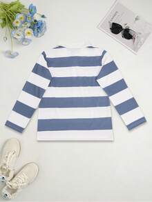 T-shirt polo à manches longues avec imprimé rayé à la mode pour femmes, décontracté et sportif pour l'automne - Bleu et Blanc - Voir 3