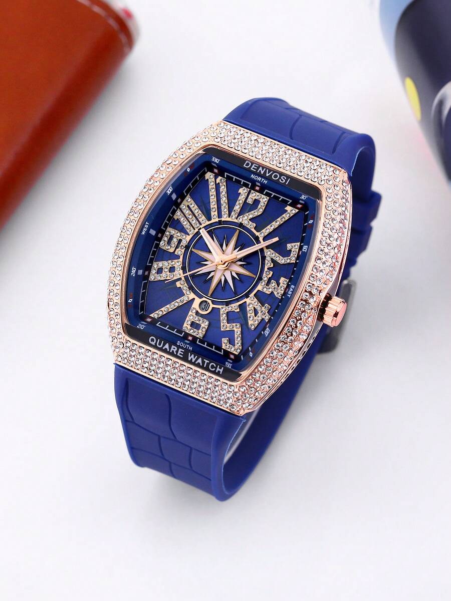 1pc Men's Luxury Starry Sky Barrel Shaped Watch With Silicone Strap