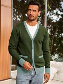 Men's Long Sleeve Button Down Knitted Cardigan Sweater With Pockets, Casual Style - Dark Grey - View 8