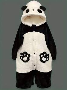Autumn And Winter Cartoon Nightgown Plush And Thick Cute Panda Plush Hooded Nightgown Capibara Home Comfortable Leisure Warm Mid-Length Jumpsuit Home Clothes - 黑與白 - 查看 6