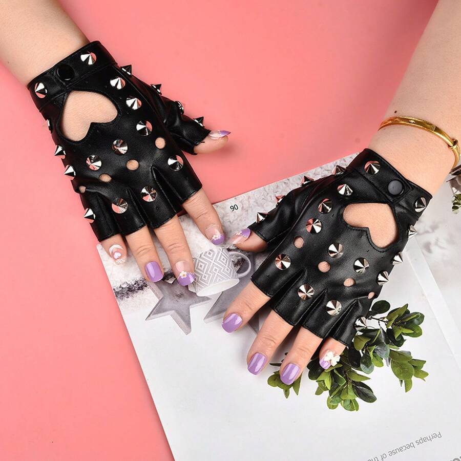 A Pair Of Fashionable Hip-Hop Style Leather Half-Finger Dance Gloves, Stage Performance Riding Sailor Dance Studded Hollow Half-Finger Gloves For Women. - Bạc - Xem 1