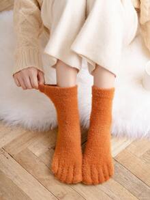 1 Pair Women's Autumn/Winter Thick Thermal Lined Toe Socks, Warm Coral Velvet Mid,Calf Socks For Indoor/Home Wear, Cozy Socks