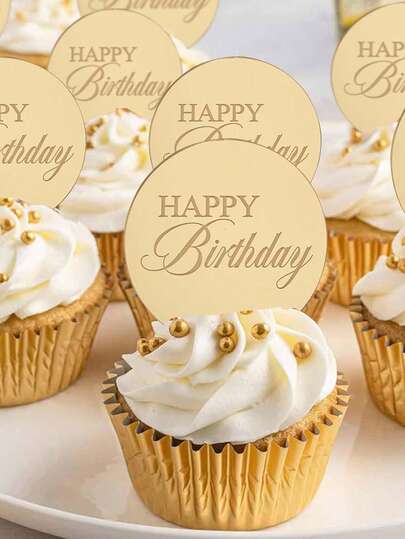 10pcs Gold Mirror Acrylic Cupcake Toppers, Happy Birthday Cake Plate Decorations, Round Birthday Party Dessert Baking Cake Decor