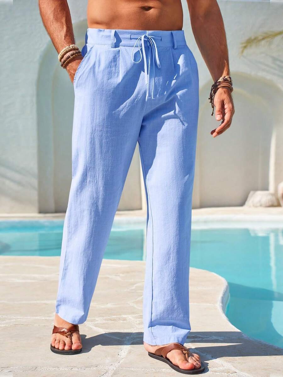 Men's Elastic Waist Beach Joggers Linen Cotton Drawstring Closure Lightweight Loose Style Yoga Ready - 天藍色 - 查看 1