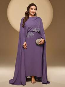 Đầm dài dáng suông thanh lịch, kín đáo màu trơn dành cho nữ, cổ áo choàng bất đối xứng, đính đá lấp lánh ở eo, tay dài, thích hợp mặc hàng ngày, dự tiệc gia đình, dạ hội, đám cưới, tiệc mùa xuân. - Màu tím - Xem 5