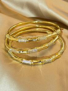 Bộ 1/2/3 vòng tay mạ vàng 18K chống phai màu, sang trọng, kiểu dáng nút tre, đính đá Zirconia, phù hợp cho nữ giới đeo hàng ngày, thích hợp cho tiệc tùng, hẹn hò, đi biển, Ngày của Mẹ, Ngày Valentine, mùa xuân, đám cưới và các dịp khác. - Vàng - Xem 7