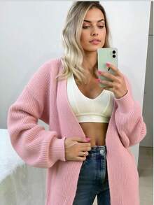 Pink Knit Cardigan, Casual Daily Dating Long Sleeve Open Front Sweater For Women - Pink - View 4