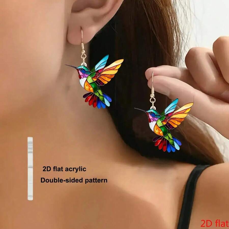 2D Flat Transparent Hummingbird Earrings, Elegant & Pairable, 80.84 Gallon Stainless Steel Hook, All-Season Multi-Purpose, Sweet Valentine's Day Gift.Suitable For Both Men And Women. - 一對 - 查看 1