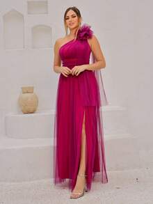 Long One-Shoulder Dress With Glittery Flower - Rose Red - View 1