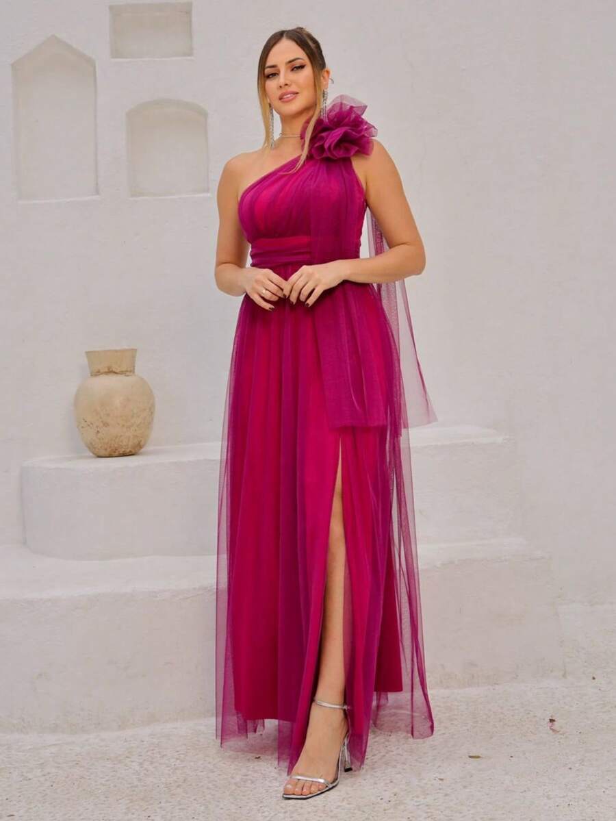 Long One-Shoulder Dress With Glittery Flower - Rose Red - View 1