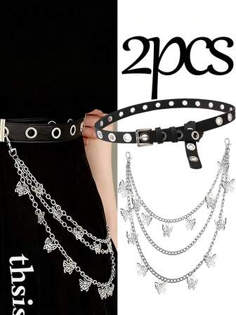 2 件蝴蝶腰带链、3 层裤链、皮带链、朋克腰带链、男女口袋链、摩托车钱包链、裤子金属钥匙链、带蝴蝶吊坠的金属扣腰带