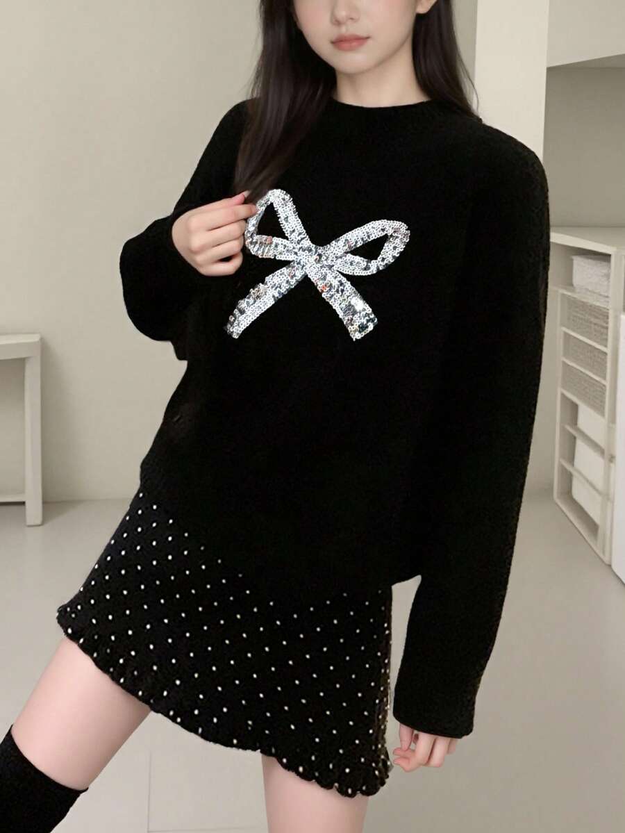 女士秋冬套头毛衣,蝴蝶结亮片装饰圆领针织上衣 - 黑色 - 查看 1