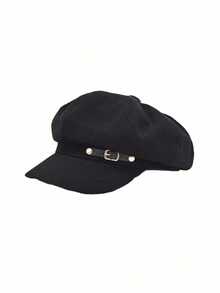 1 szt. damski beret w jednolitym kolorze, elegancki brytyjski styl, modna, uniwersalna, swobodna czapka malarza, vintage'owy kapelusz gazeciarza ze skórzaną klamrą, odpowiedni do noszenia na ulicy, spotkań towarzyskich, wydarzeń artystycznych i kulturalnych, dojazdów do pracy