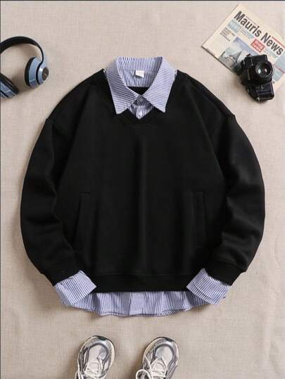 Casual College Style Men's Striped Patchwork Button-Up Collar Long Sleeve Polo Shirt, Suitable For Autumn/Winter