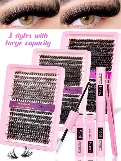 280 pièces Kit d'extension de cils, Kit d'extension de cils DIY Cils individuels Grappe Courbure D, Grappes de cils avec colle à cils, Outil de retrait et de scellage de cils et pinceau applicateur de cils pour une application à domicile (30D-40D-60D-80D-100D)