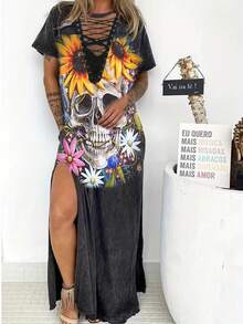 Women's Casual Sunflower Skull Print V-Neck Maxi Dress With Lace-Up Side Slit - Sexy Punk Style, Black Polyester Fabric, Perfect For Spring/Summer/Fall - 黑色 - 查看 1
