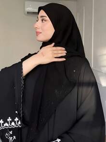 1pc Rhinestone Embellished Thin Chiffon Muslim Headscarf, Solid Color Lightweight Casual Scarf, Beach Shawl, 140*140cm