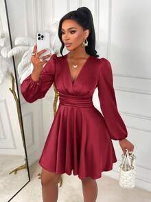 AIJ This Elegant Solid Color V-Neck Fitted A-Line Satin Shiny Mini Skirt With Puff Sleeves Is The Perfect Choice For Spring And Autumn Seasons. Suitable For Parties, Daily Commute, Christmas, New Year, Valentine's Day And Various Occasions.
