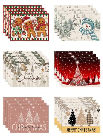 1/4/6pcs Christmas Placemat, Christmas Tree Snowflake Bell Print Pattern Table Mat, Christmas Party Gathering Table Anti Slip Insulation Mat, Party Gathering Decoration Restaurant Kitchen Placemat, Exquisite Christmas Gift Placemat