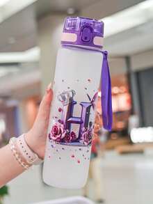 1pc 1000ml/32oz Plastic Water Bottle With Handle And Straw, 3D Printed With 26 Letters, Butterfly And Rose Patterns, Suitable For Travel And Car Use, Great Gift For Friends, Couples, Birthday, Thanksgiving, Valentine's Day