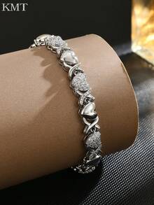 KMT 1 件铜镶嵌方晶锆石精致心形拼接高光泽奢华女士网球手链礼盒 - 愛心款 - 查看 4