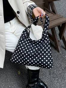 圆点简约帆布包春夏季新款露口双肩带轻便简约大容量斜挎包适合女性日常生活休闲通勤学生使用 - 黑色 - 查看 3