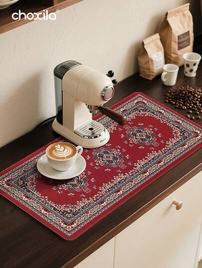 choxila 1Pc Coffee Machine Mat, Absorbent Mat, Tableware Drying Mat, Long Table Mat, Multi-Functional Mat, With Retro Pattern Design, Suitable For Kitchen, Bar Counter, Tabletop Display And Home Decoration