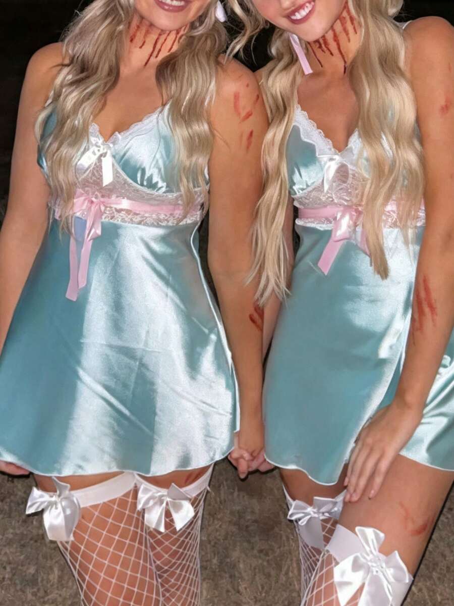 Women's Satin Slip Dress With Lace Trim And Bow Detail Cute And Spooky For Halloween Parties And Cosplay Costume - Blue - View 1