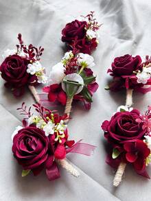 1 buc/6 buc flori artificiale Burgundy Rose mire butonieră bărbat frate corsaj absolvent Pin costum nuntă flori petrecere decorare Ziua Îndrăgostiților accesorii - Burgundia - Vizualizare 8