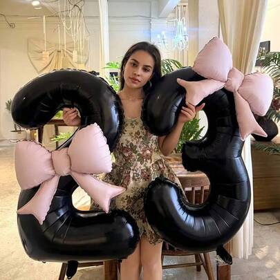 2pcs/Set 40-Inch Black Number Shaped Foil Balloons With Pink Matte Bow Decor, Suitable For Birthday Party, Wedding, Outdoor Event, Anniversary, Holiday, Thanksgiving, Harvest Season, Valentine's Day, Christmas, Party Celebration Atmosphere And Backdrop Decoration