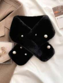 1件装女士保暖毛绒交叉珍珠加厚多功能围脖，冬季连衣裙适用