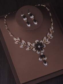 1 Set Women's Teardrop Flower Earrings & Necklace, Red/Blue/Black Teardrop Flower Tassel Necklace, Elegant Delicate Clavicle Chain, Luxury High-End Earrings Jewelry Set