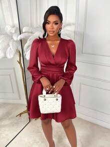 AIJ This Elegant Solid Color V-Neck Fitted A-Line Satin Shiny Mini Skirt With Puff Sleeves Is The Perfect Choice For Spring And Autumn Seasons. Suitable For Parties, Daily Commute, Christmas, New Year, Valentine's Day And Various Occasions.