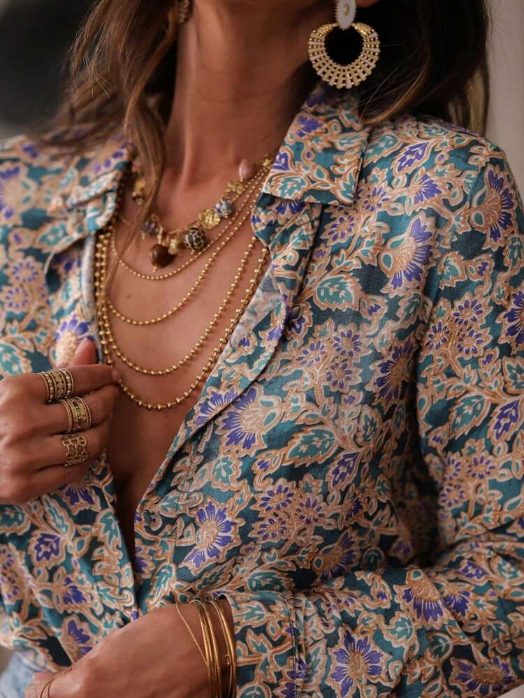 大码女式优雅印花长袖衬衫休闲度假上衣春夏款 - 彩色 - 查看 3