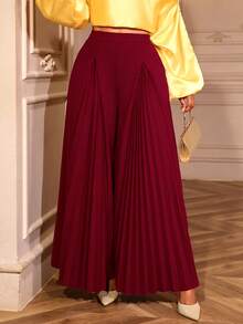 AOMEI Women's Wine Red High Waist Front Pleated Wide Leg Pants Casual Business Trousers - Burgundy - View 6