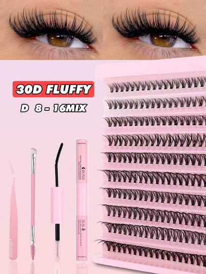 ICHICKISS 200 Ciuffetti di ciglia finte - Kit 30D, Riccio D, lunghezza mista 8-16mm, include colla, pinzette e pennello, ciglia soffici e riutilizzabili da 0,07mm per feste, regali, matrimoni e vacanze