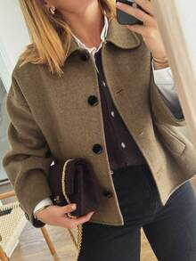 Women's Single-Breasted Lapel Short Overcoat, Suitable For Autumn/Winter - Khaki - View 1