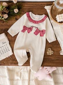 Autumn/Winter Baby Girls' Peter Pan Collar Cute Bow Design Long Sleeve Footie Jumpsuit - White - View 1