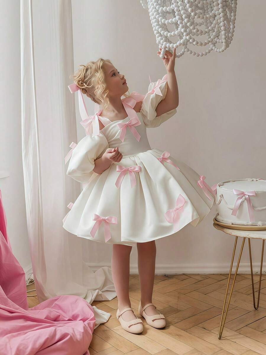 Young Girl Spaghetti Strap Bow Puff Sleeve Princess Dress, Suitable For Children Birthday Party, Flower Girl, Wedding, Banquet, Prom, Holiday Celebration - 白色 - 查看 1